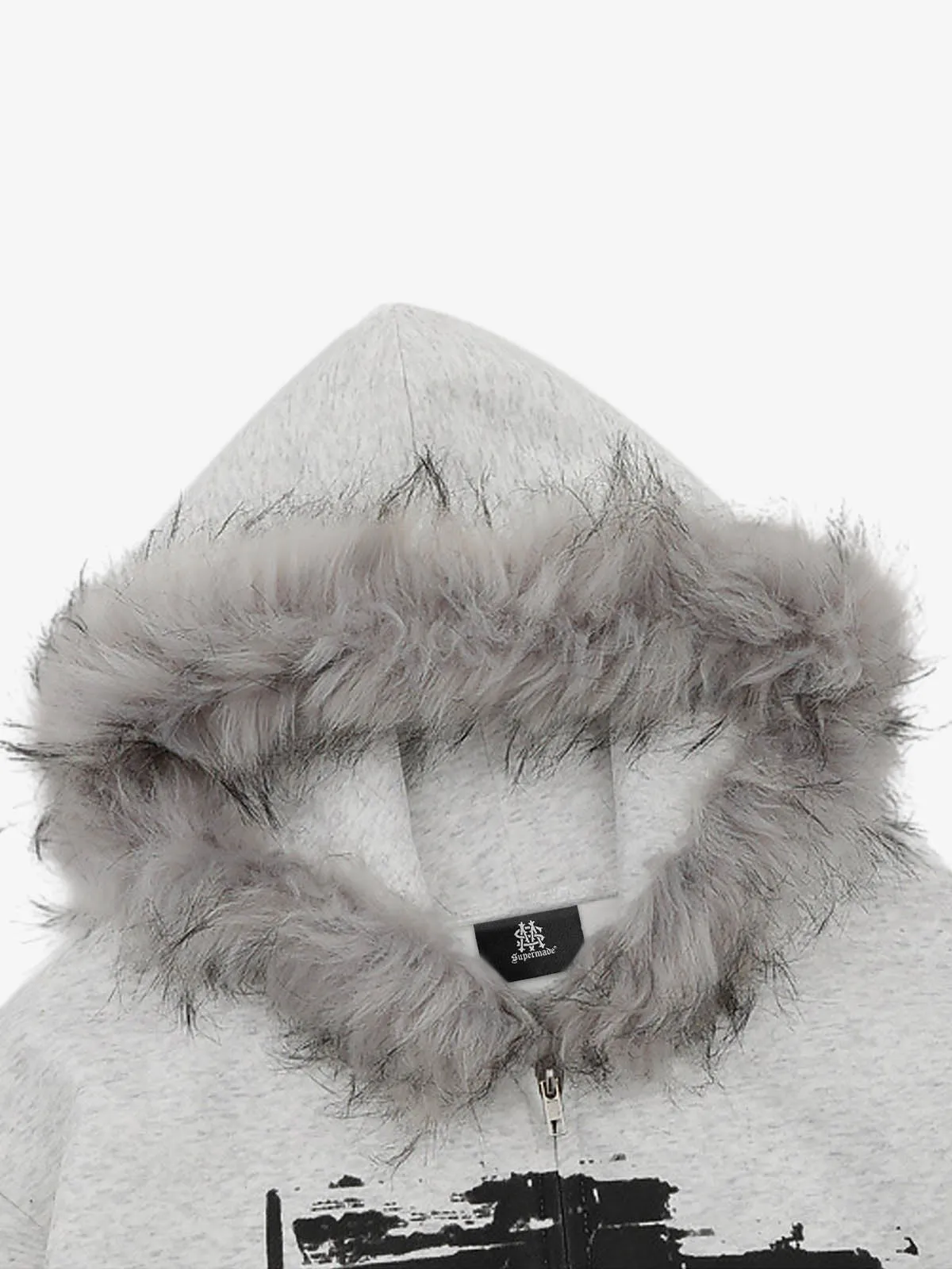Retro Collar Print Zip-Up Fur Hooded Sweatshirt sold by Thesupermade product image thumbnail 2