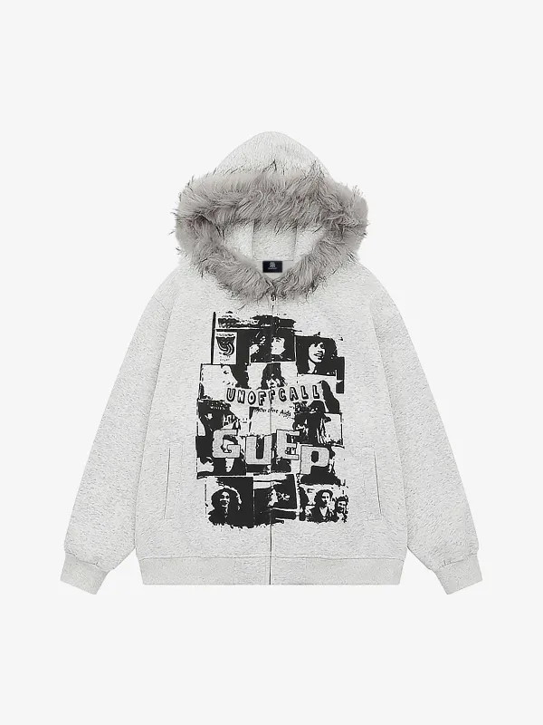 Retro Collar Print Zip-Up Fur Hooded Sweatshirt sold by Thesupermade