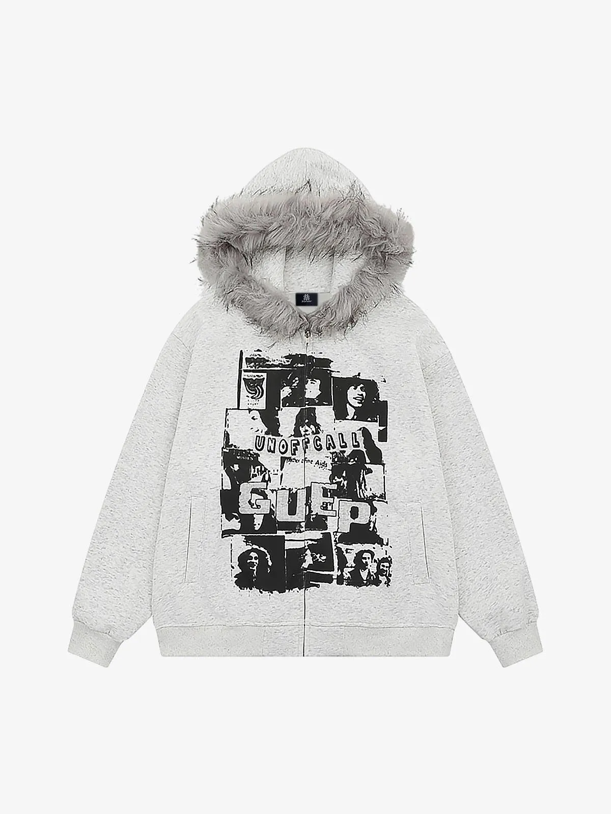 Retro Collar Print Zip-Up Fur Hooded Sweatshirt sold by Thesupermade