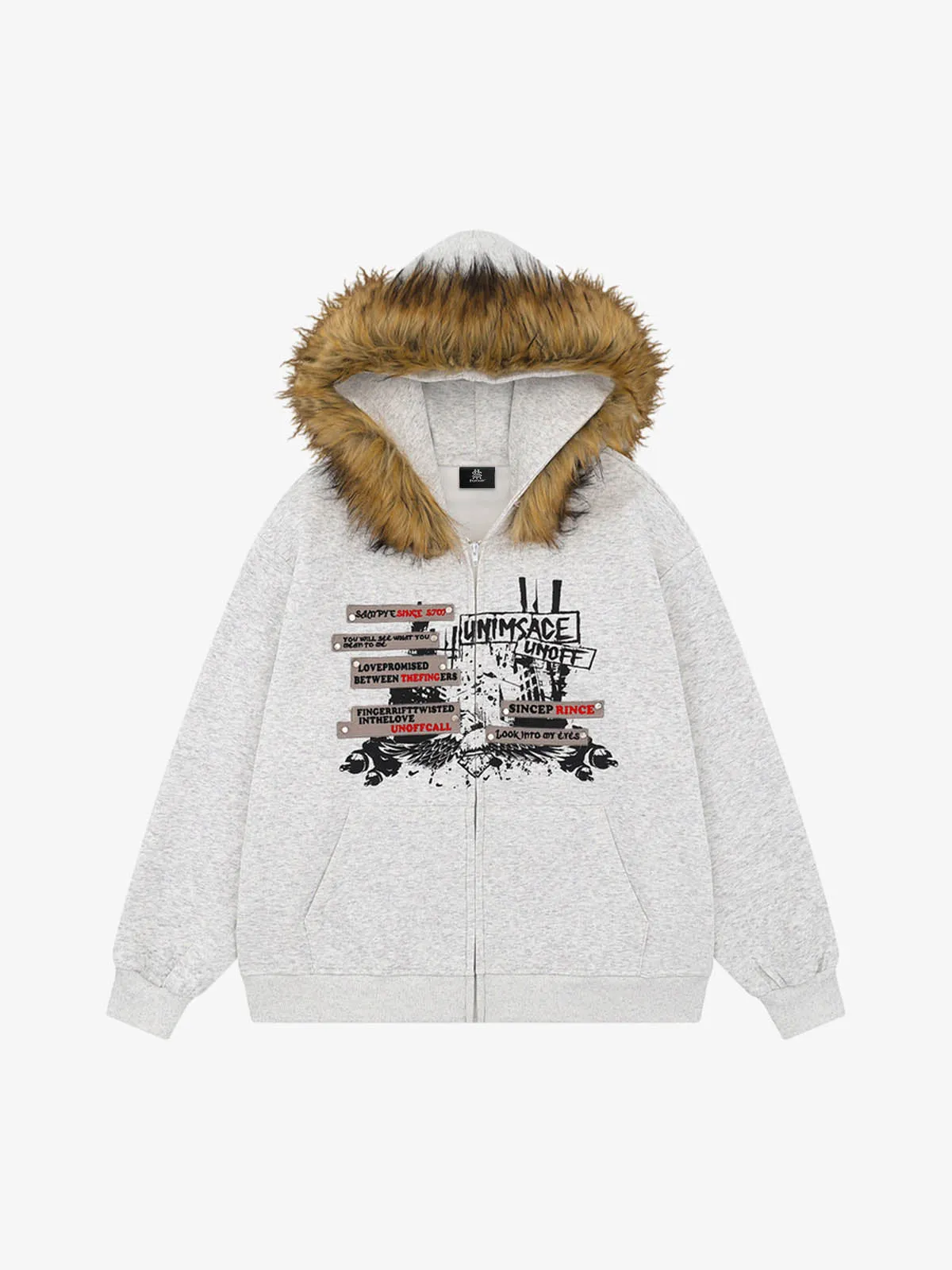 Vintage Faux Fur Collar Printed Zip Up Hooded Sweatshirt sold by Thesupermade