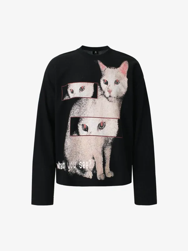 Cat Print Long-Sleeved T-Shirt sold by Thesupermade