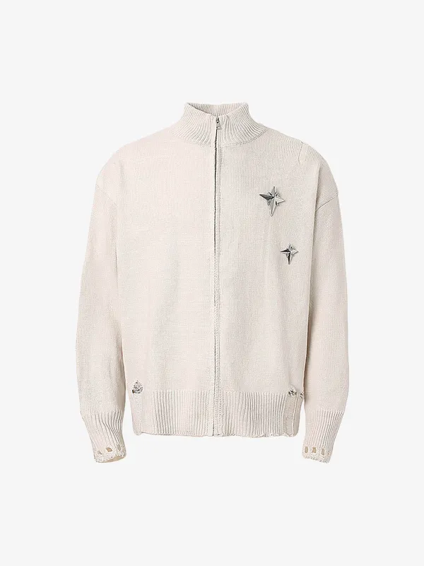 Distressed Ripped-Edge Turtleneck Diamond Star Zipper Knitted Sweater sold by Thesupermade