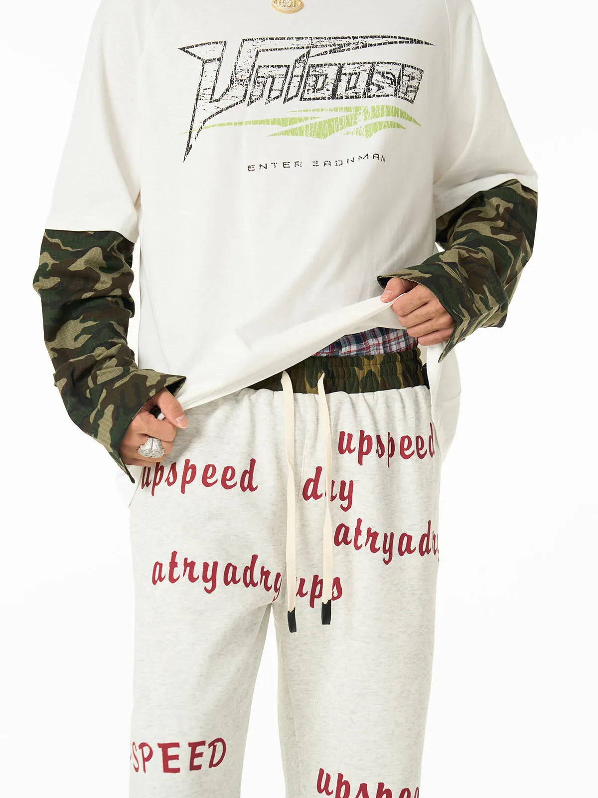 Camouflage Patchwork Contrast Color Lettering Fleece Sweatpants sold by Thesupermade product image thumbnail 3