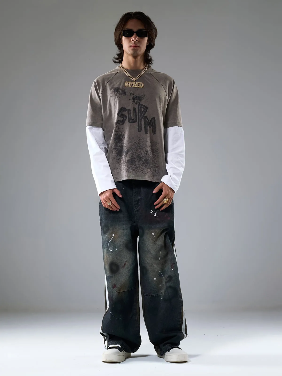 Washed Stripe Patchwork Totem Print Baggy Jeans sold by Thesupermade product image thumbnail 4