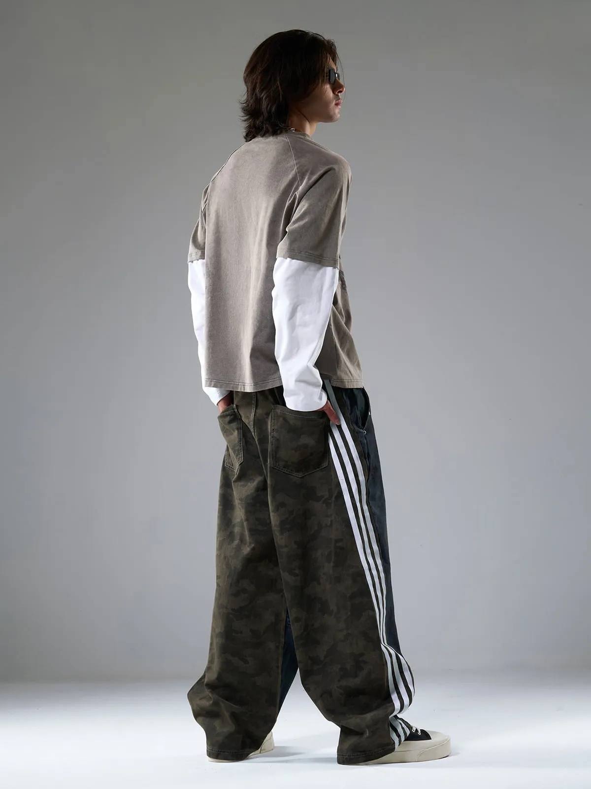 Washed Stripe Patchwork Totem Print Baggy Jeans sold by Thesupermade product image thumbnail 3