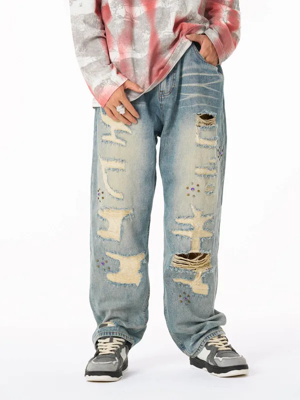 Street Ragged Patches Denim Jeans sold by Thesupermade