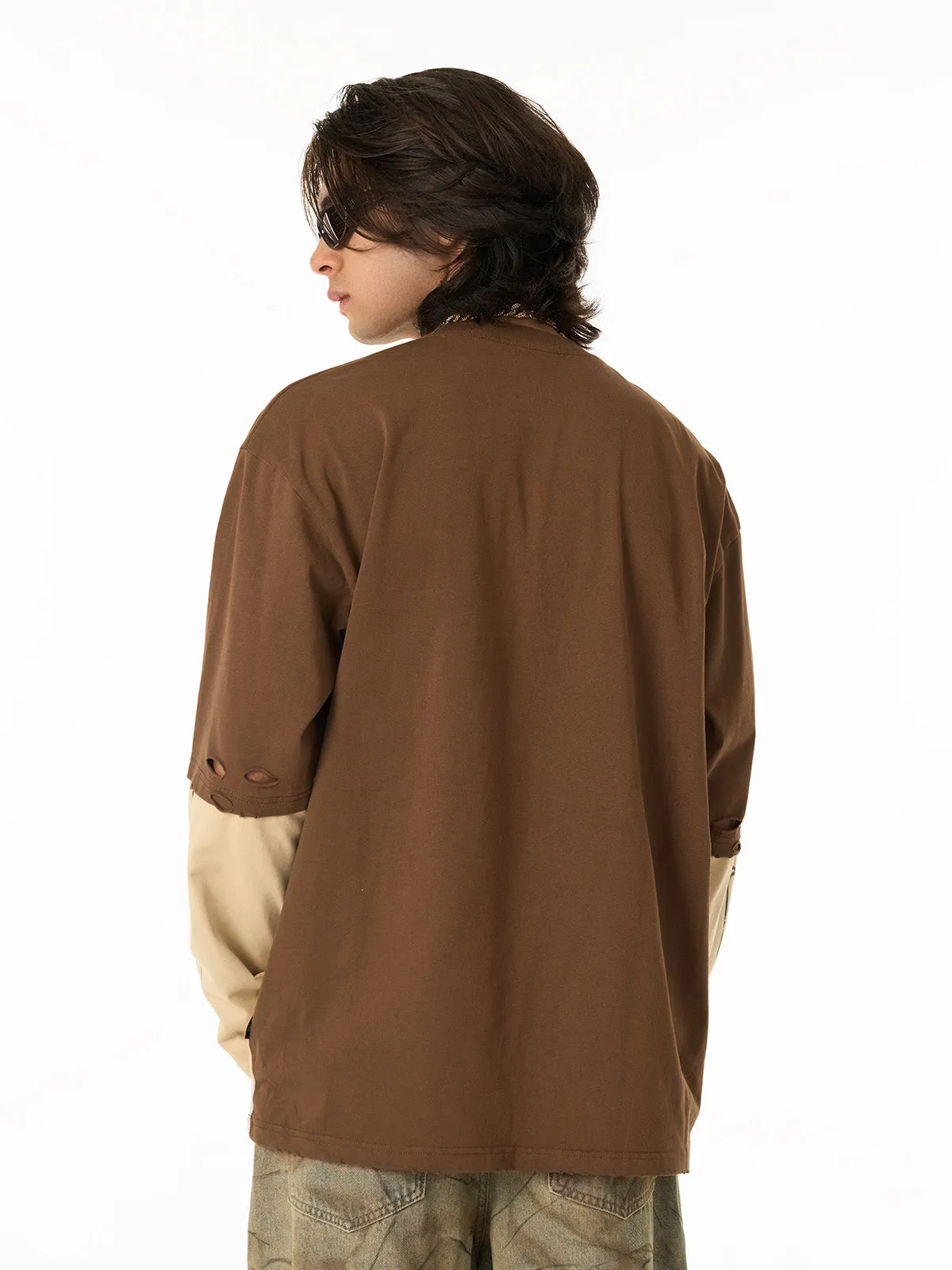 Retro Fake Two-Piece Patchwork College Badge Long Sleeve T-Shirt sold by Thesupermade product image thumbnail 3