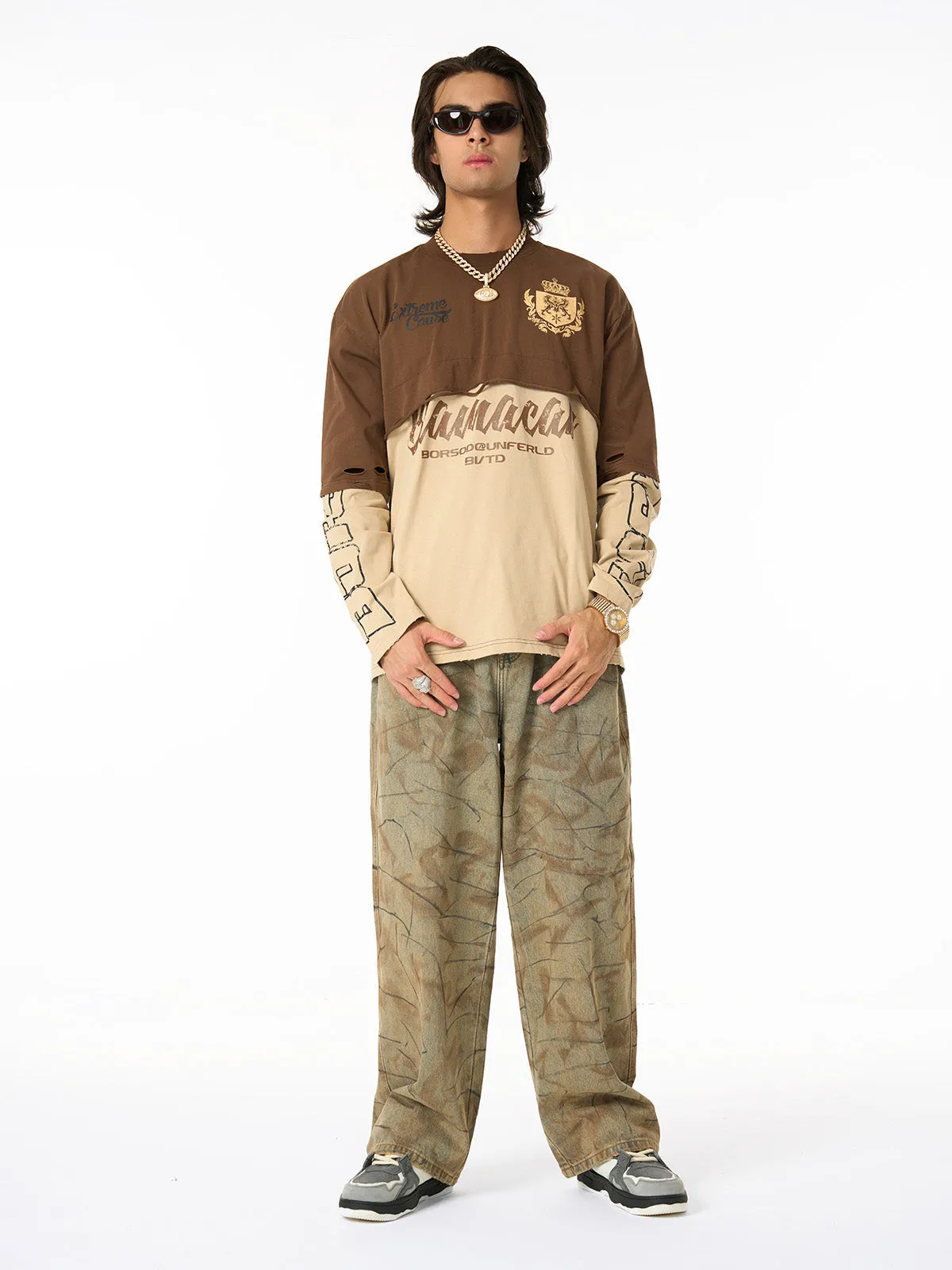 Retro Fake Two-Piece Patchwork College Badge Long Sleeve T-Shirt sold by Thesupermade product image thumbnail 4