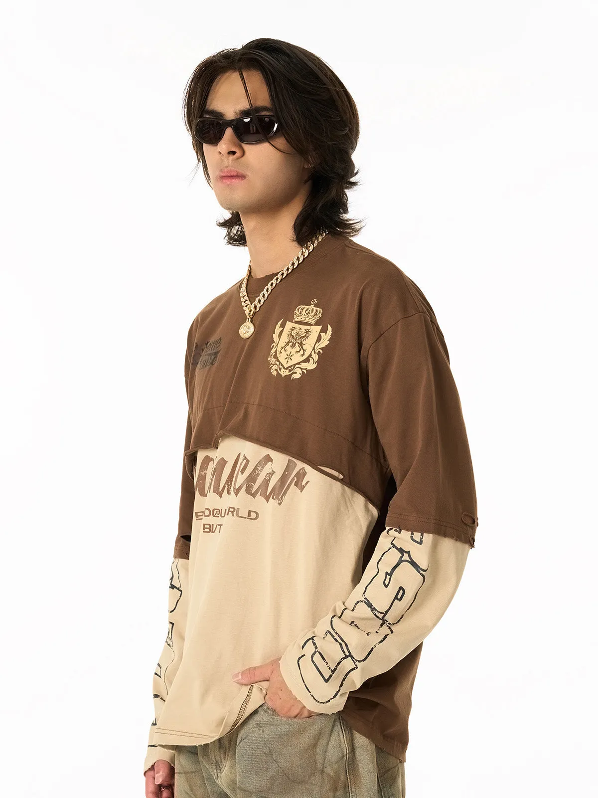 Retro Fake Two-Piece Patchwork College Badge Long Sleeve T-Shirt sold by Thesupermade product image thumbnail 2