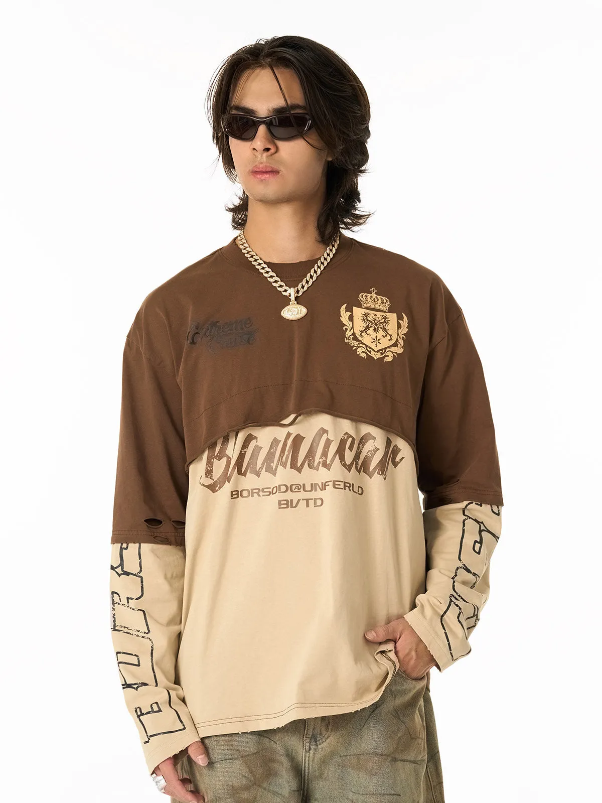Retro Fake Two-Piece Patchwork College Badge Long Sleeve T-Shirt sold by Thesupermade
