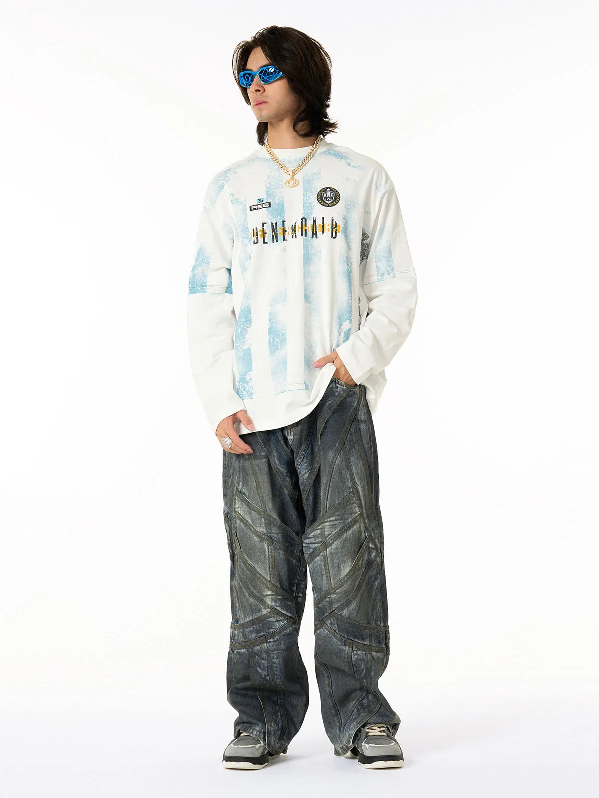 Retro Mottled Striped Badge Print Long Sleeve T-Shirt sold by Thesupermade product image thumbnail 5