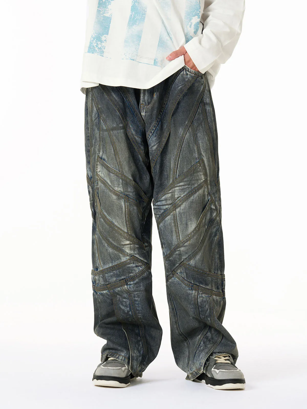 Vintage Washed Distressed Multi-Structure Patchwork Jeans sold by Thesupermade