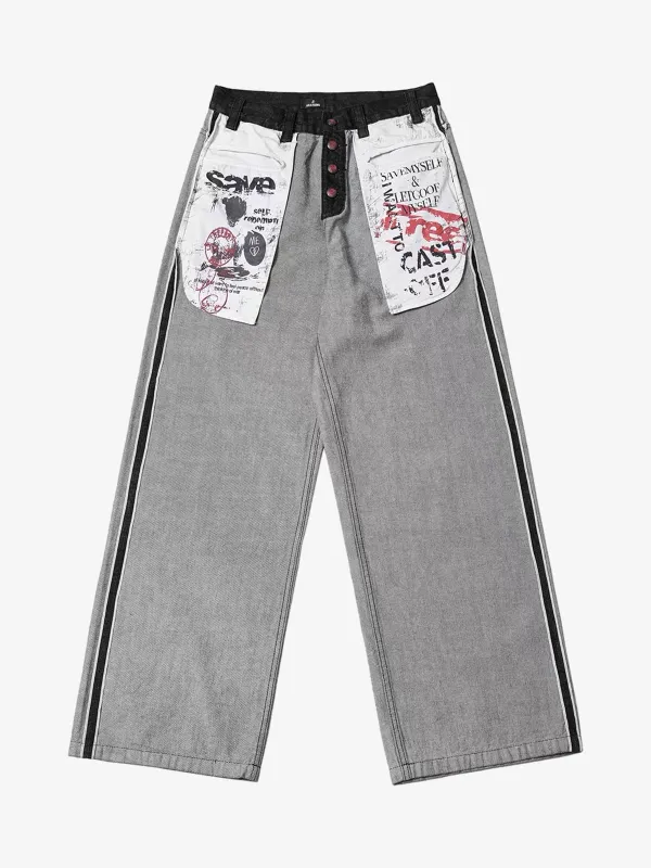 Distressed Reverse Design Large Pocket Printed Jeans sold by Thesupermade