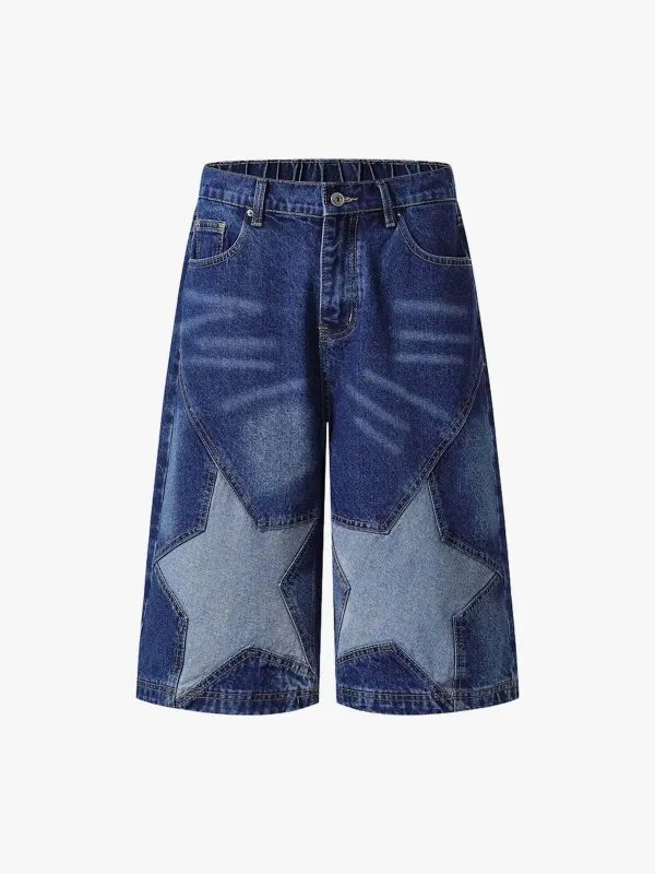 Distressed Washed Star Patch Denim Jort sold by Thesupermade