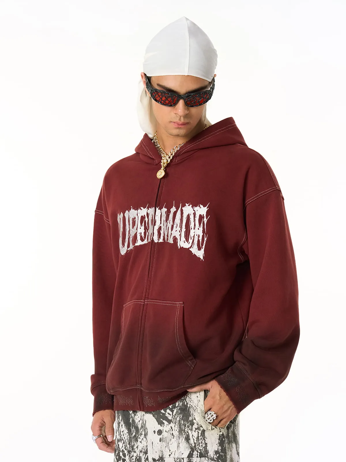 SPMD Embroidered Distressed Gradient Hooded Sweatshirt sold by Thesupermade