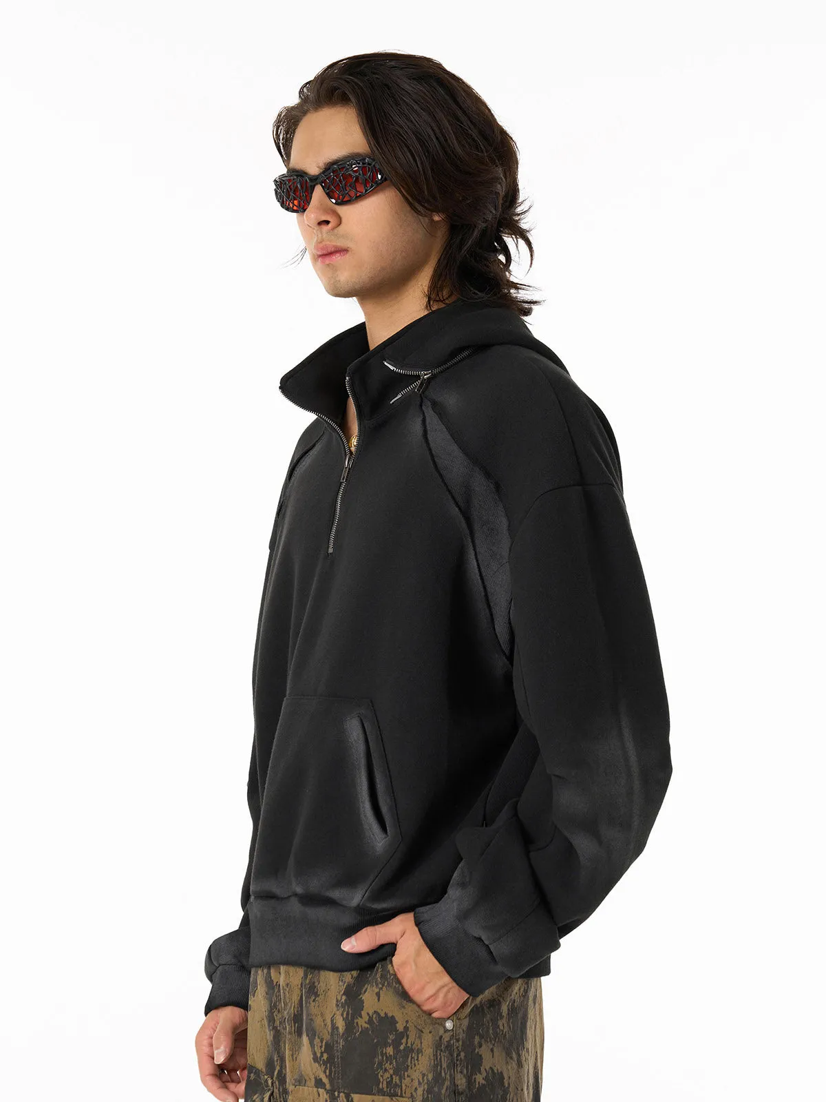 Distressed Stand Collar Quarter Zip Stitching Spray Paint Hooded Sweatshirt sold by Thesupermade product image thumbnail 2