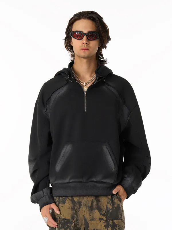 Distressed Stand Collar Quarter Zip Stitching Spray Paint Hooded Sweatshirt sold by Thesupermade