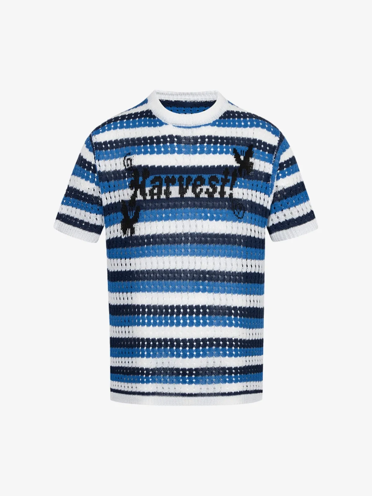 Contrast Striped Crochet Openwork Knit Short-Sleeved T-Shirt - 2474 sold by Thesupermade