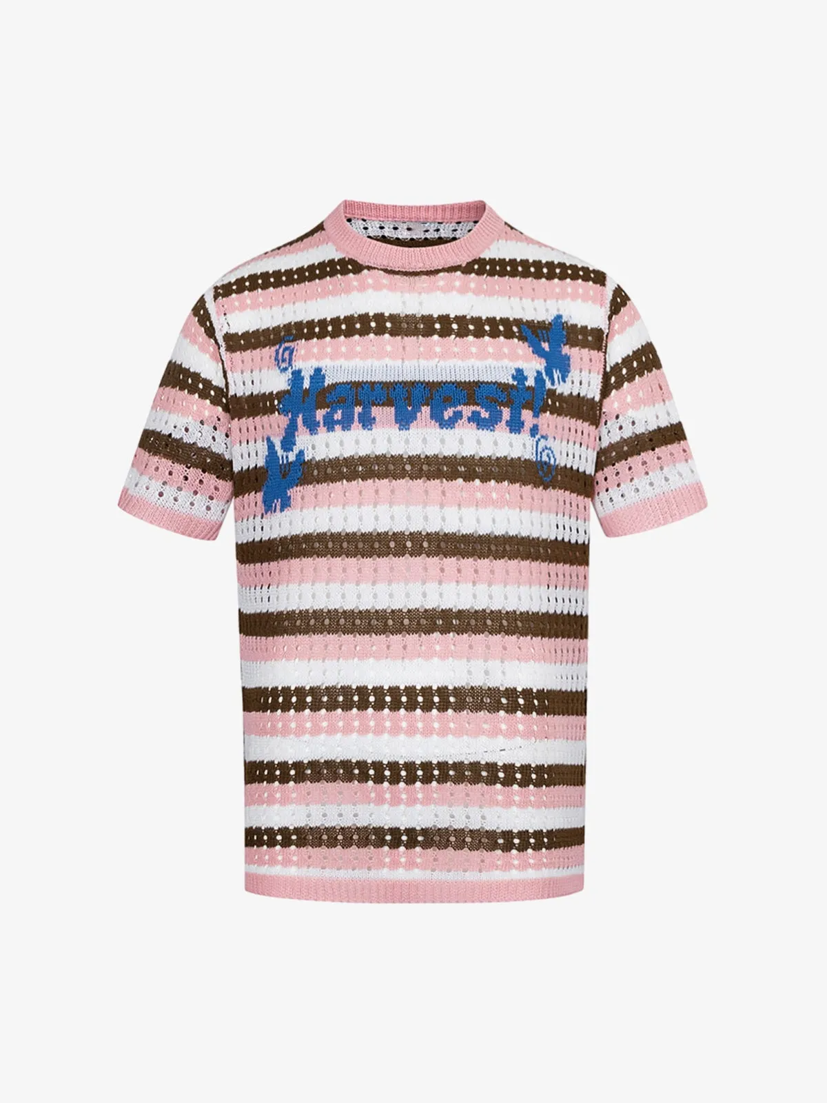 Contrast Striped Crochet Openwork Knit Short-Sleeved T-Shirt - 2474 sold by Thesupermade product image thumbnail 3