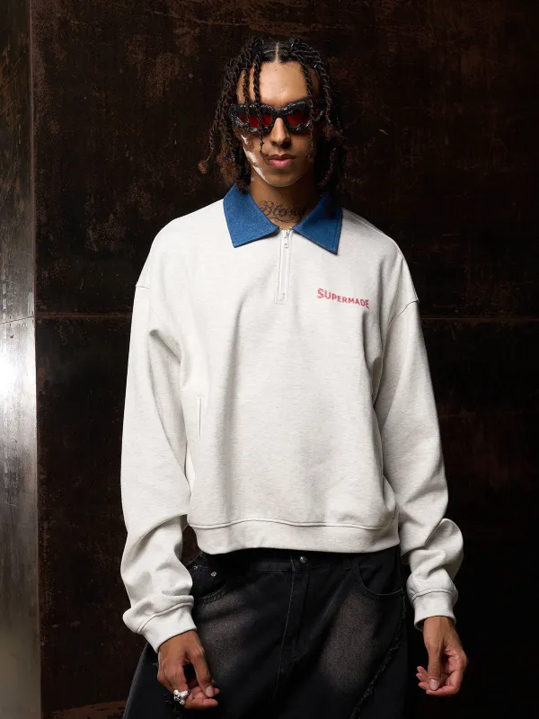 Original Denim Lapel Patchwork Sweatshirt made by Thesupermade
