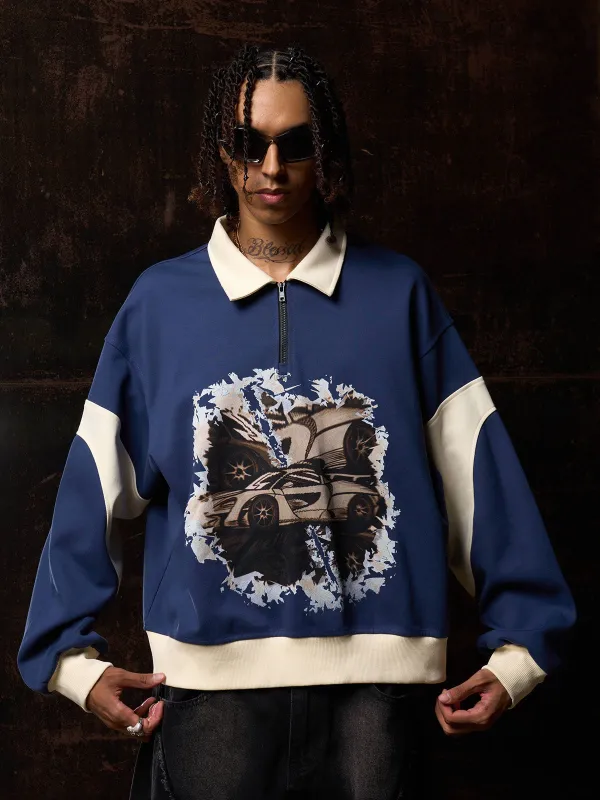 Original Racing Style Print Lapel Sweatshirt sold by Thesupermade