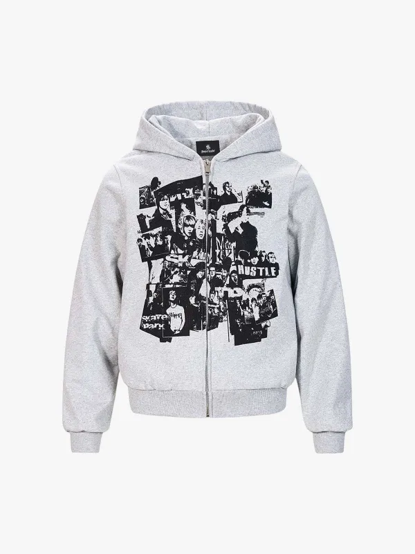 Retro Rock Print Character Zipper Hooded Sweatshirt sold by Thesupermade