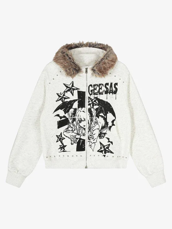 Retro Fur Collar Cartoon Pattern Zipper Hooded Sweatshirt sold by Thesupermade
