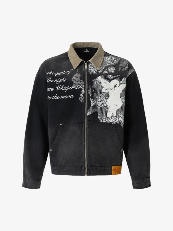 Vintage Lace Patchwork Angel Pattern Denim Jacket sold by Thesupermade