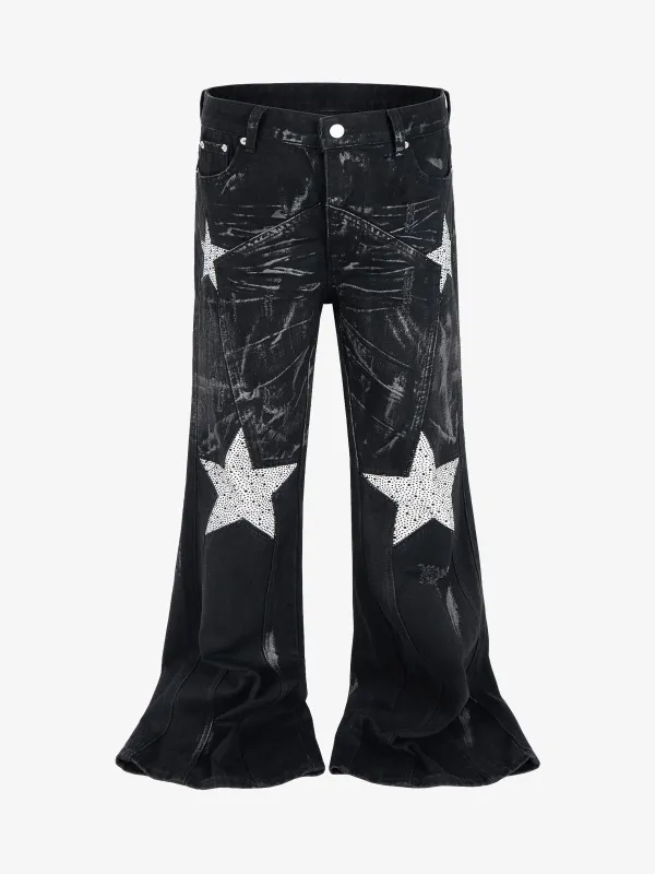 Heavily Washed Star Diamond Flared Jeans sold by Thesupermade