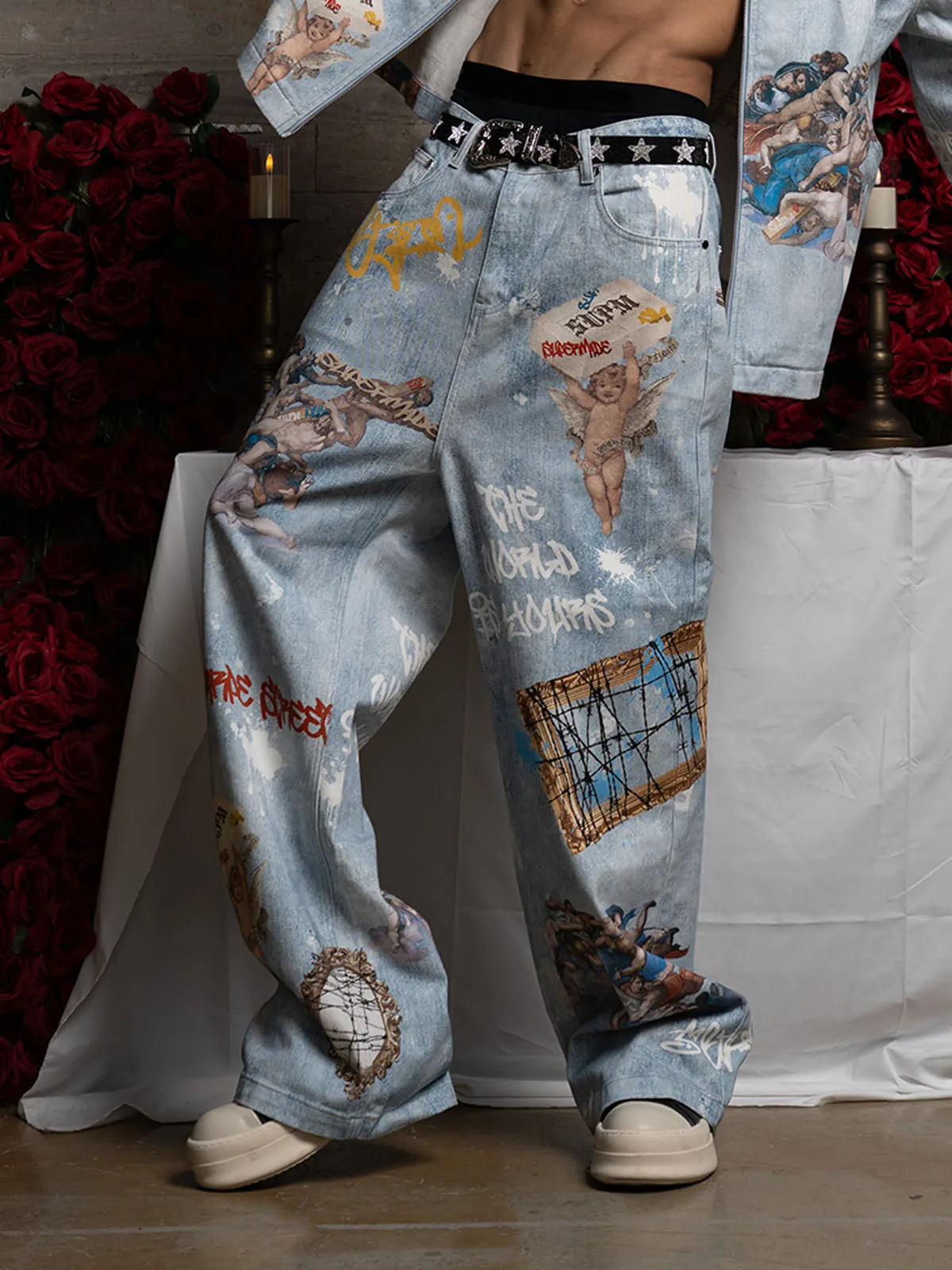Retro Artistic Graffiti Angelic Prints Baggy Jeans sold by Thesupermade