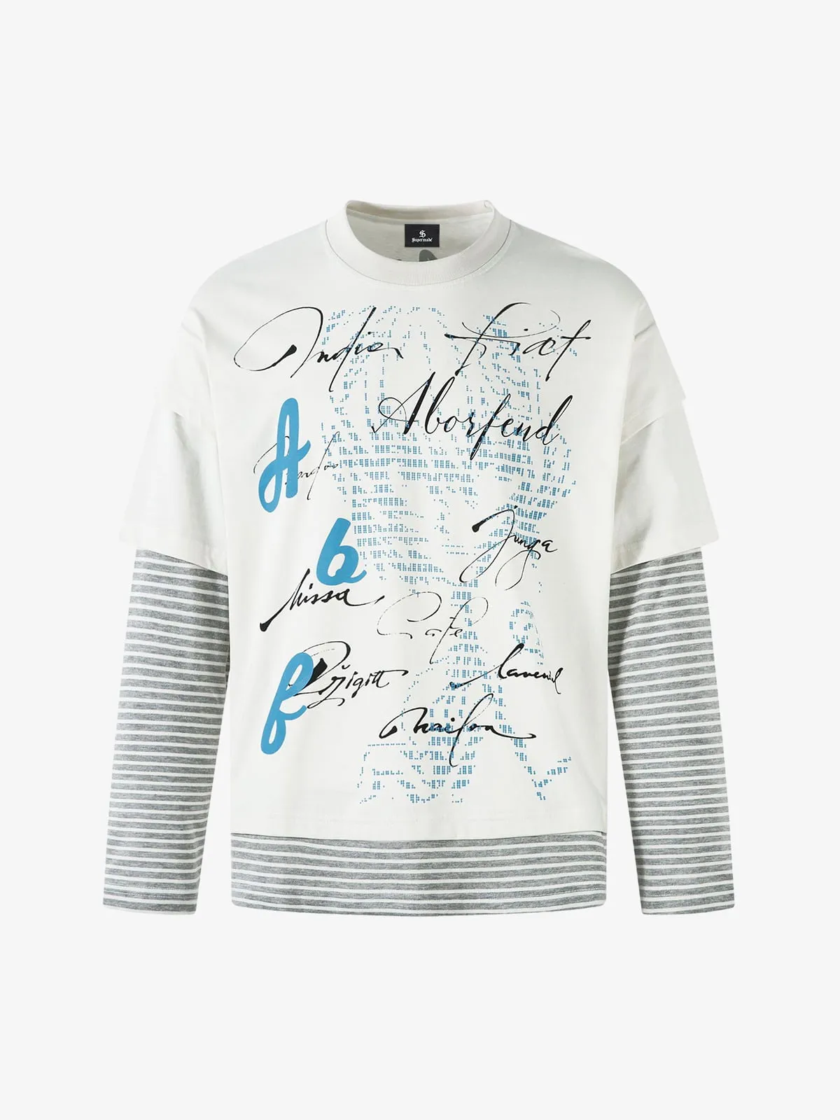 Art Letter Print Stripe Layered Long Sleeve T-Shirt sold by Thesupermade product image thumbnail 2