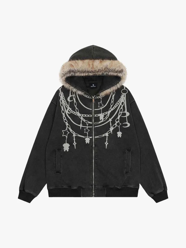 Retro Chain-Decorated Washed Fur Collar Hooded Jacket sold by Thesupermade