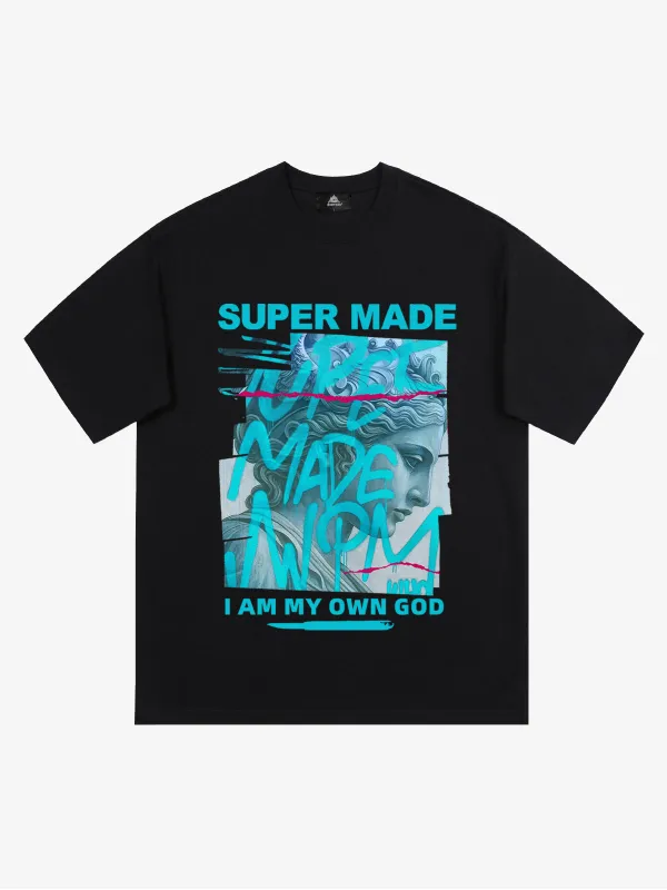 Cotton Blend SUPERMADE Blue Art Graffiti Pattern T-Shirt sold by Thesupermade