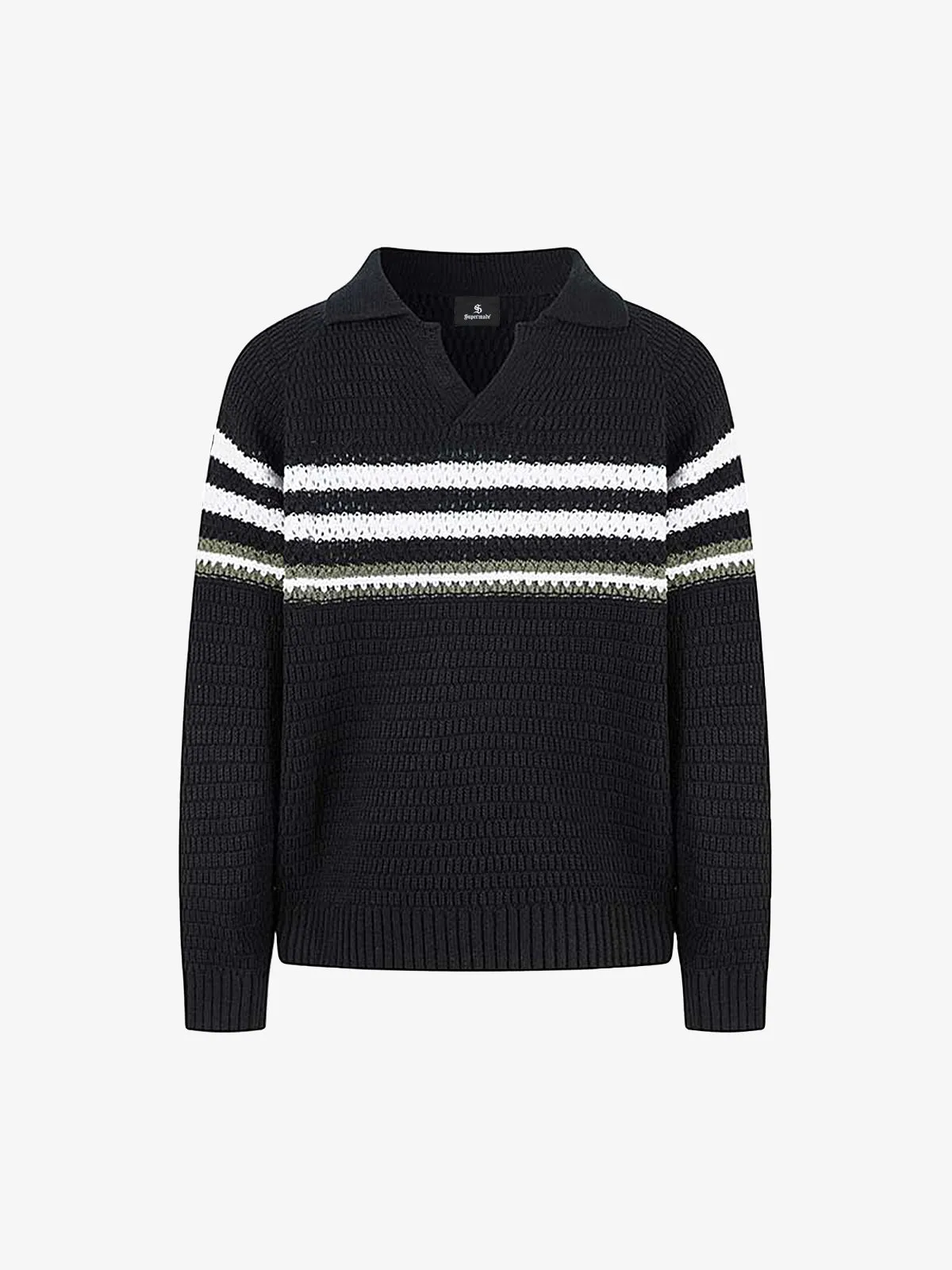 Retro Knitted Lapel V-Neck Contrast Striped Sweater sold by Thesupermade