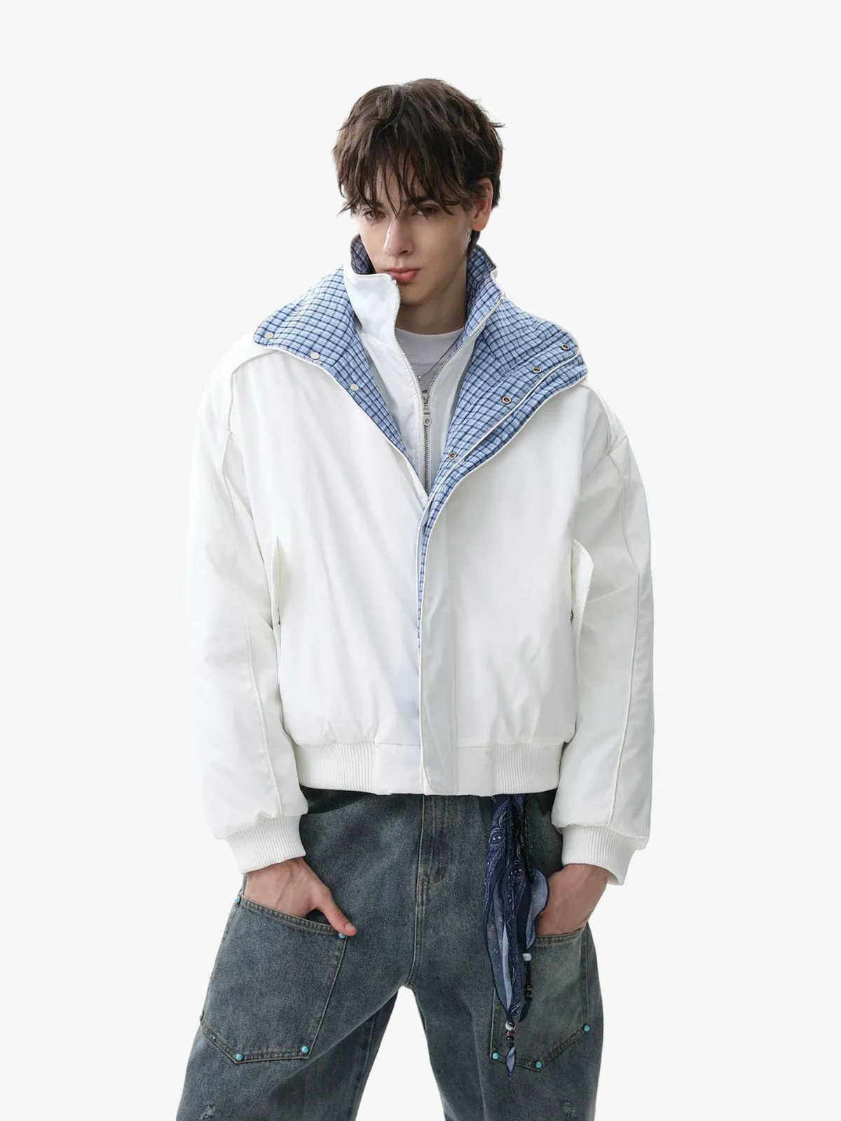 Retro Layered Look Plaid Collar Padded Jacket sold by Thesupermade product image thumbnail 2