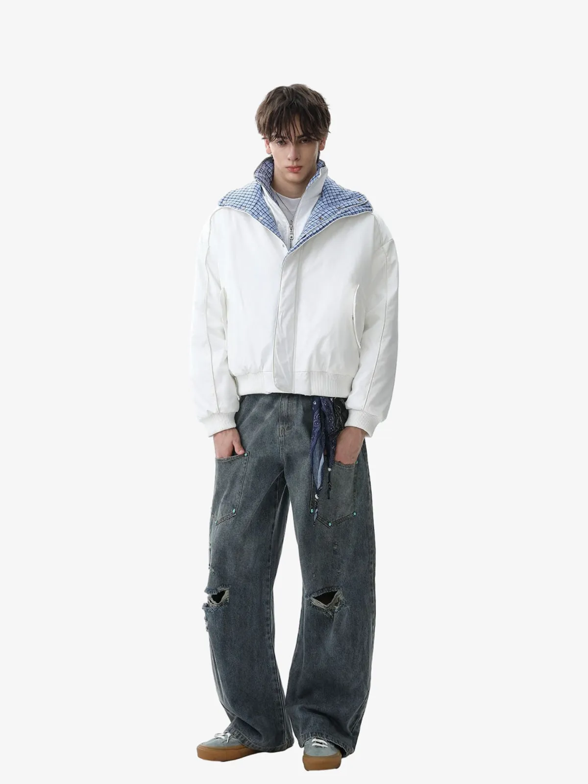 Retro Layered Look Plaid Collar Padded Jacket sold by Thesupermade product image thumbnail 3