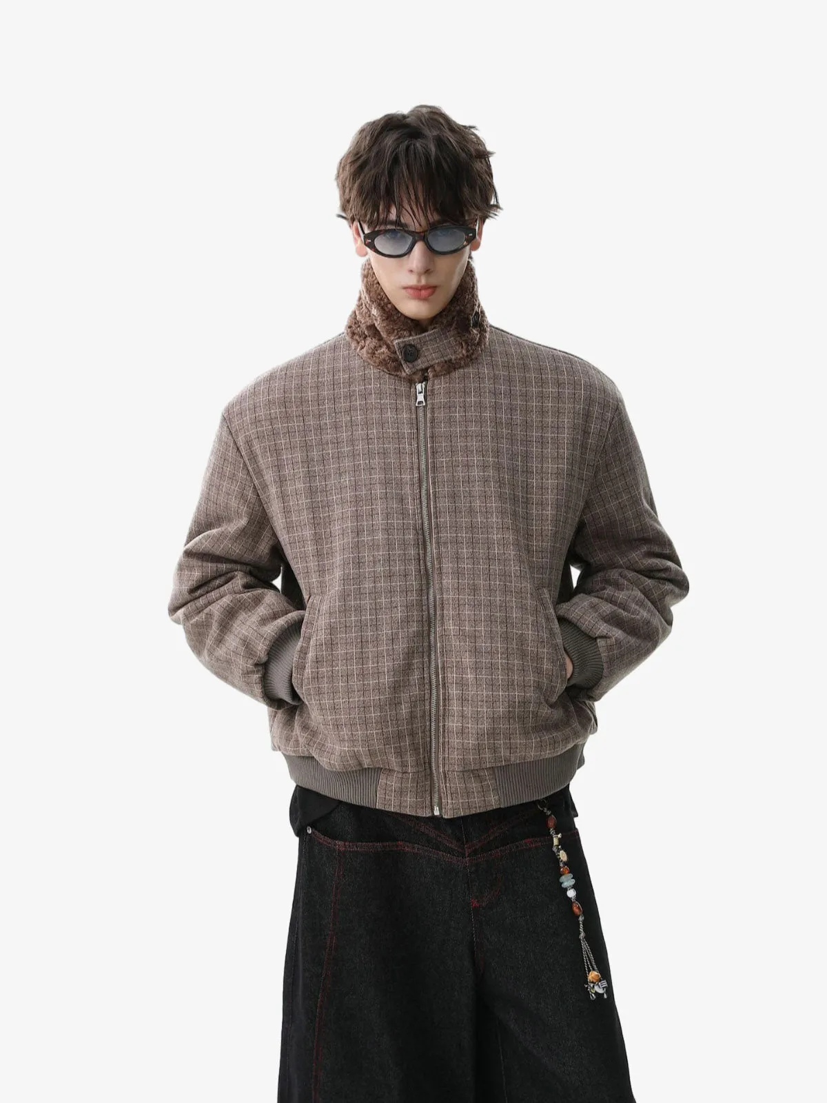 Retro Plaid Fur Collar Warm Padded Jacket sold by Thesupermade product image thumbnail 3