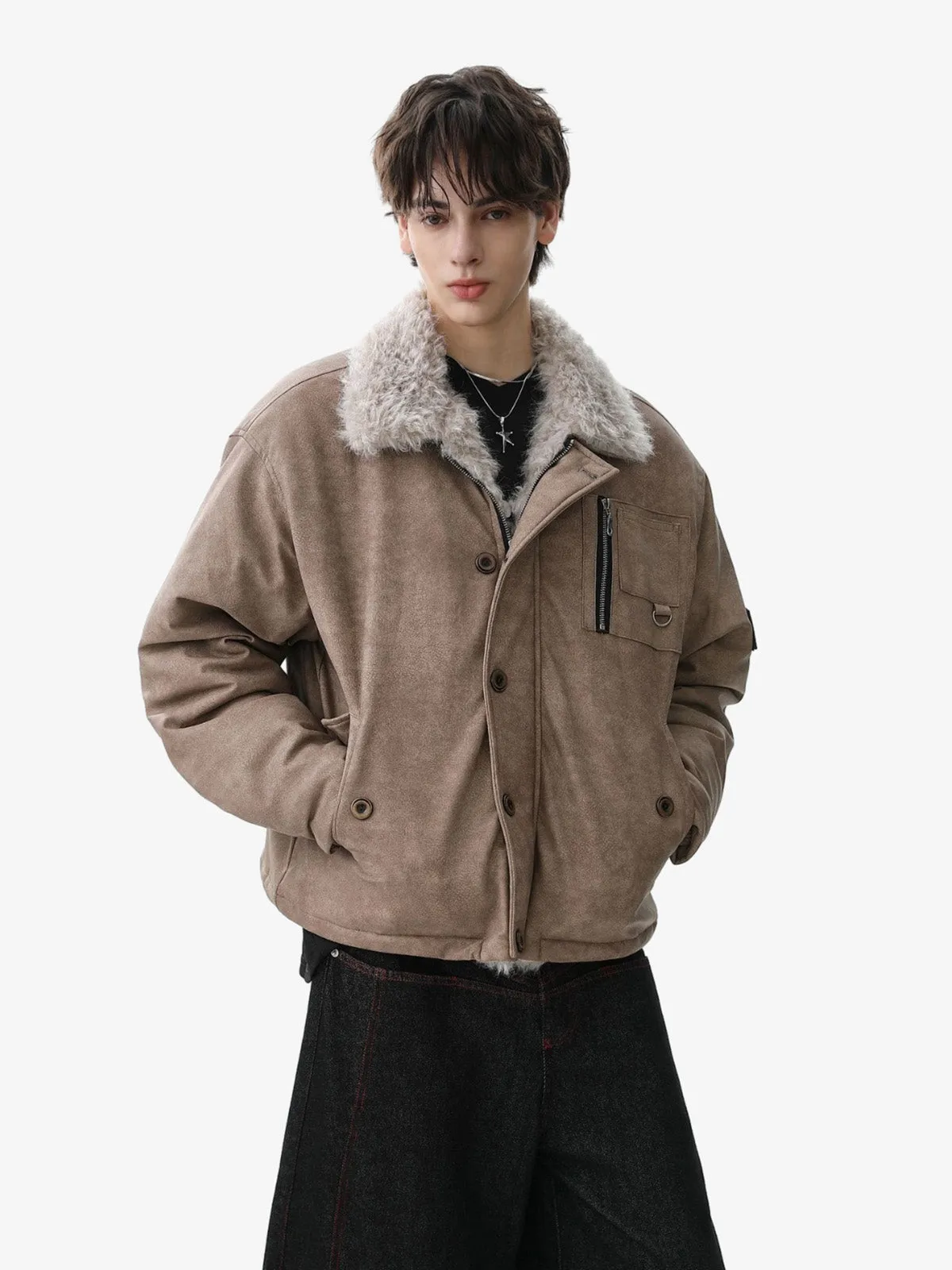 Vintage Fur Collar PU Leather Badge Embroidery Work Jacket sold by Thesupermade product image thumbnail 3