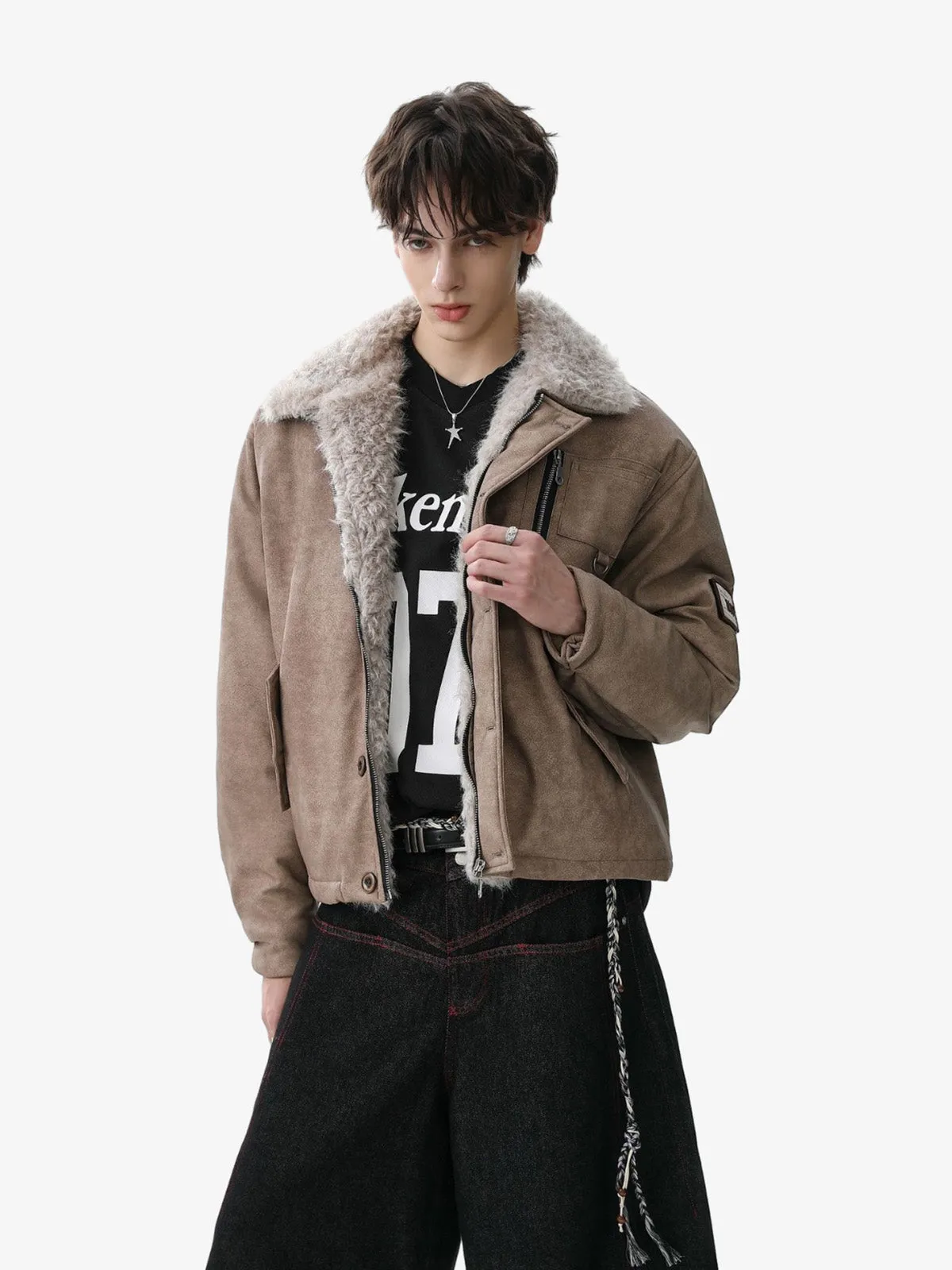 Vintage Fur Collar PU Leather Badge Embroidery Work Jacket sold by Thesupermade product image thumbnail 2