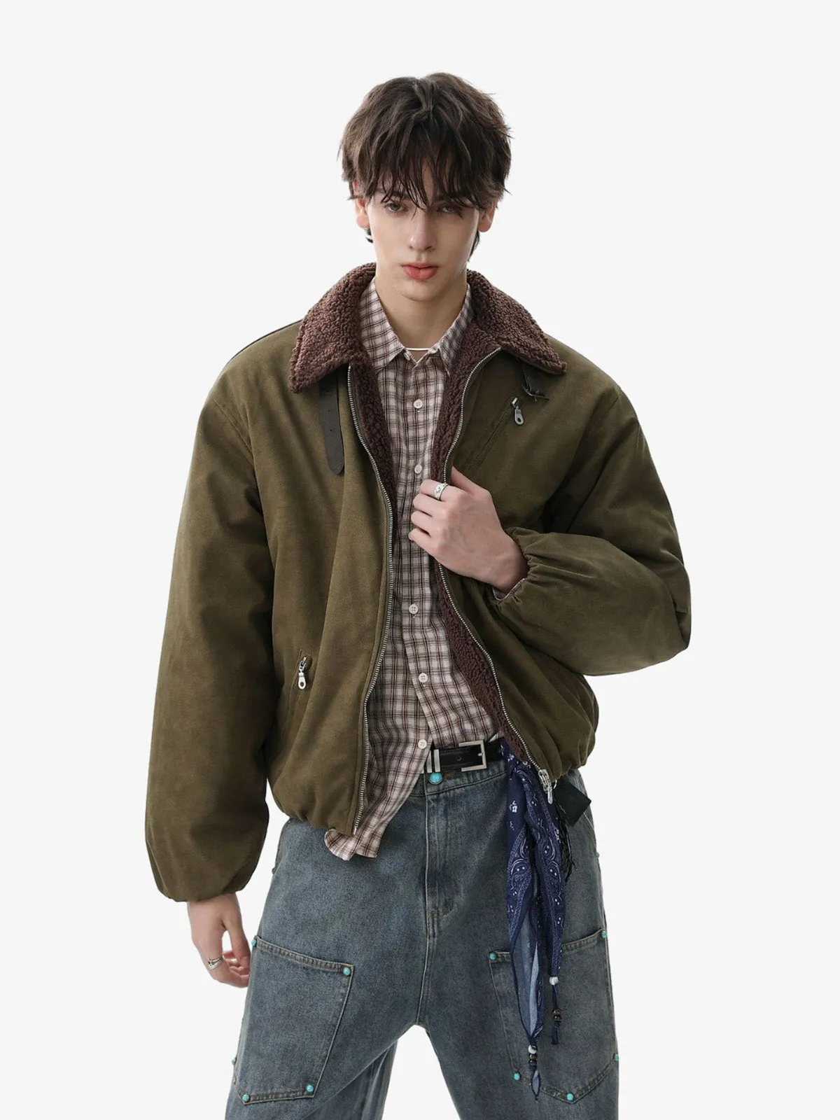 Vintage Zipper Pocket Design Sherpa Lined Collar Padded Jacket sold by Thesupermade product image thumbnail 2