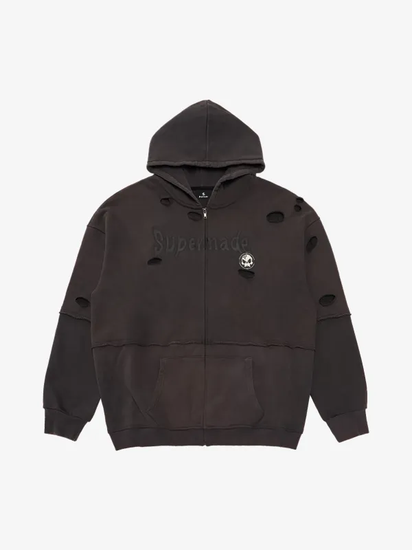 Original Washed & Ripped Skull Cardigan Cotton Hoodie Set sold by Thesupermade