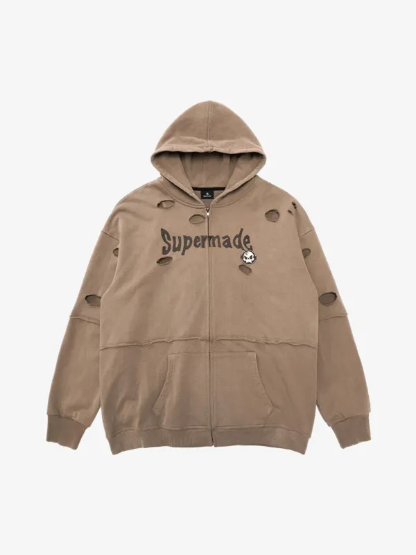 Original Washed & Ripped Skull Cardigan Cotton Hoodie Set sold by Thesupermade