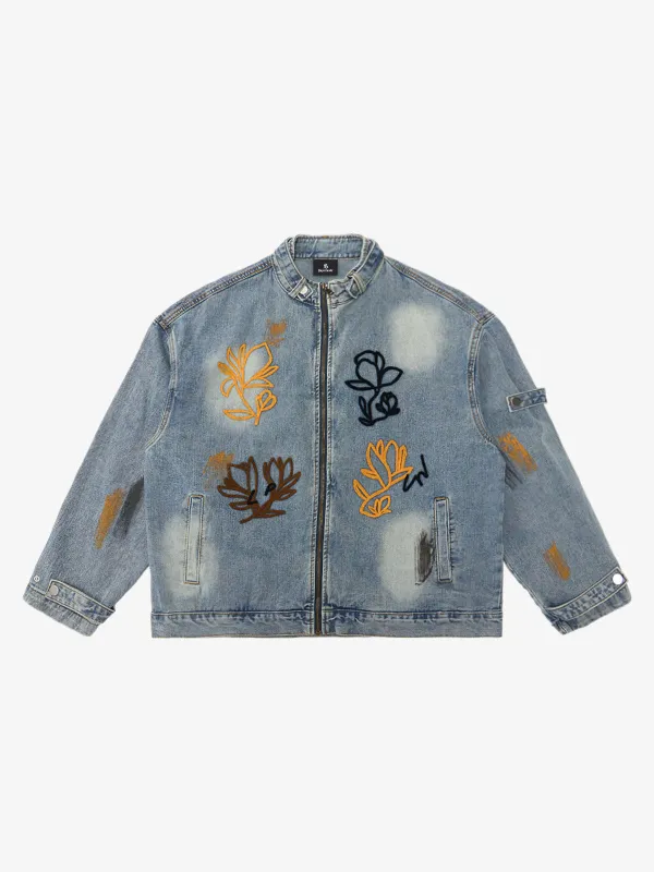 Retro Street Floral Embroidery Washed Zipper Denim Jacket sold by Thesupermade