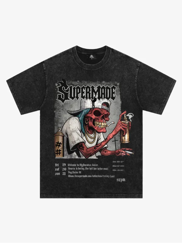 Streetwear Spray Can Skull Graphic Washed T-Shirt sold by Thesupermade