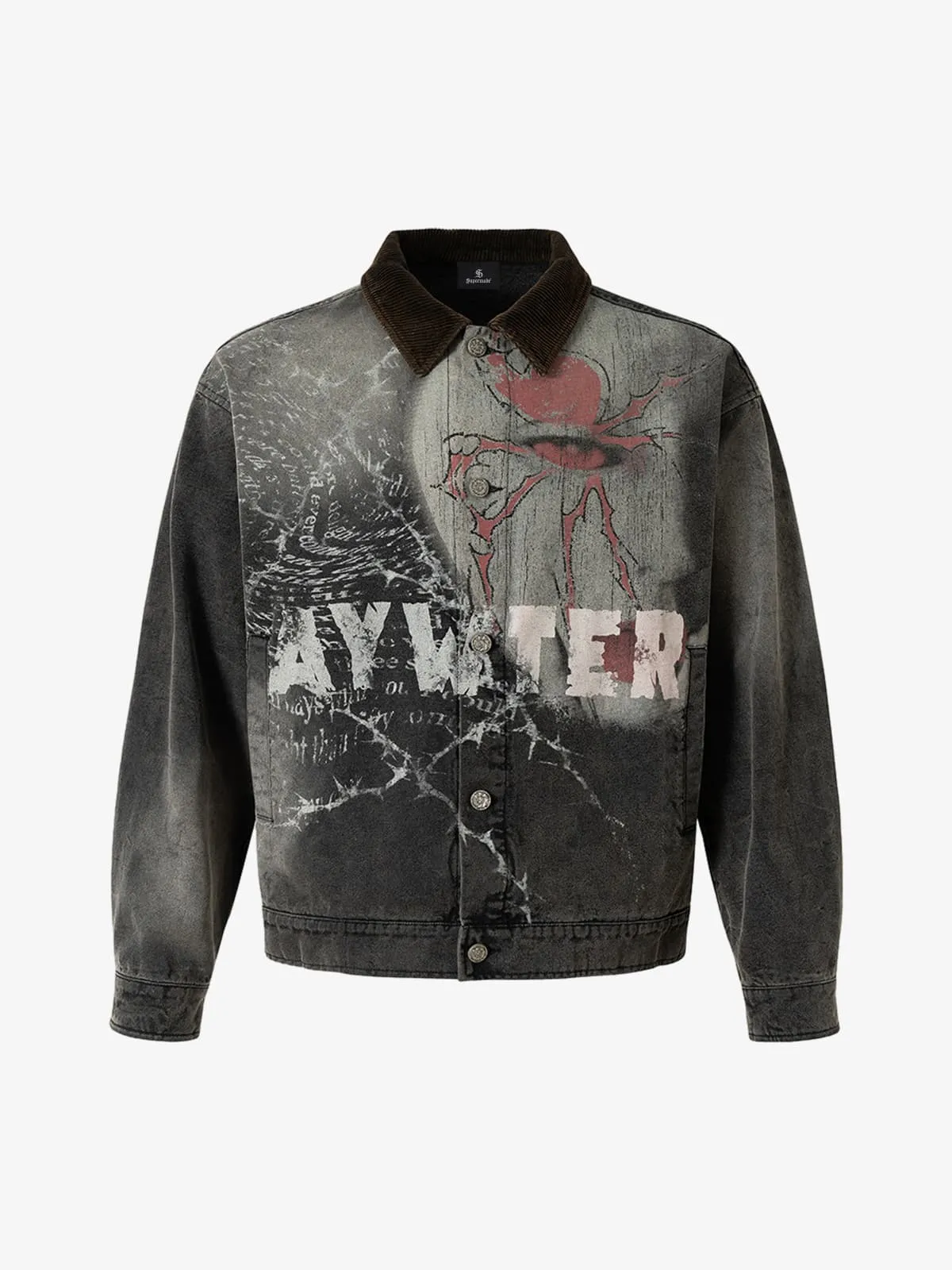 Washed And Distressed Dark Graffiti Patchwork Jacket sold by Thesupermade