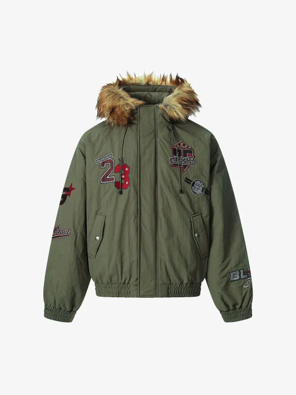 Retro Badge Embroidered Fur Collar Bomber Jacket sold by Thesupermade