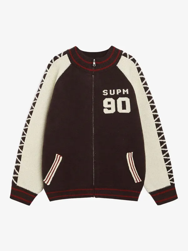 Retro Motorcycle Colorblock  Knitted Zip-up Sweater Jacket sold by Thesupermade