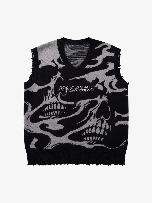 High Street Dark Skull Frayed-edge V-neck Sweater Vest sold by Thesupermade