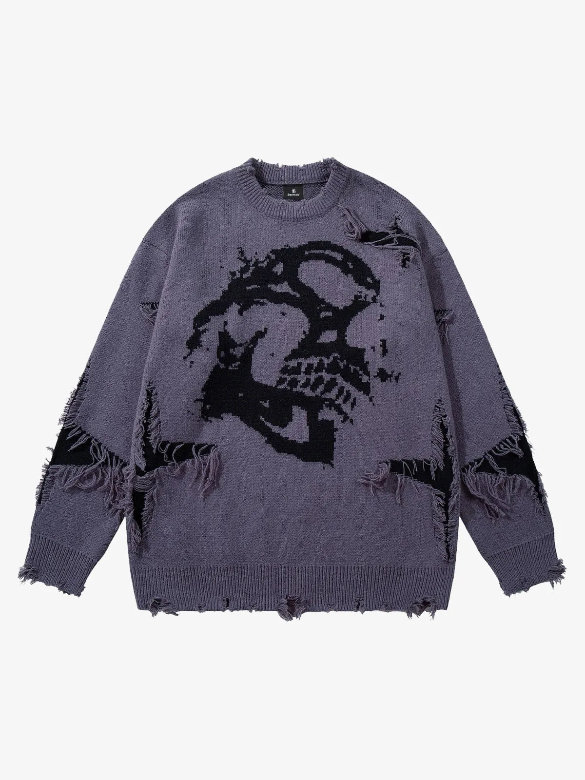 Hip-Hop Dark Skull Frayed-Edge Knit Sweater sold by Thesupermade product image thumbnail 2