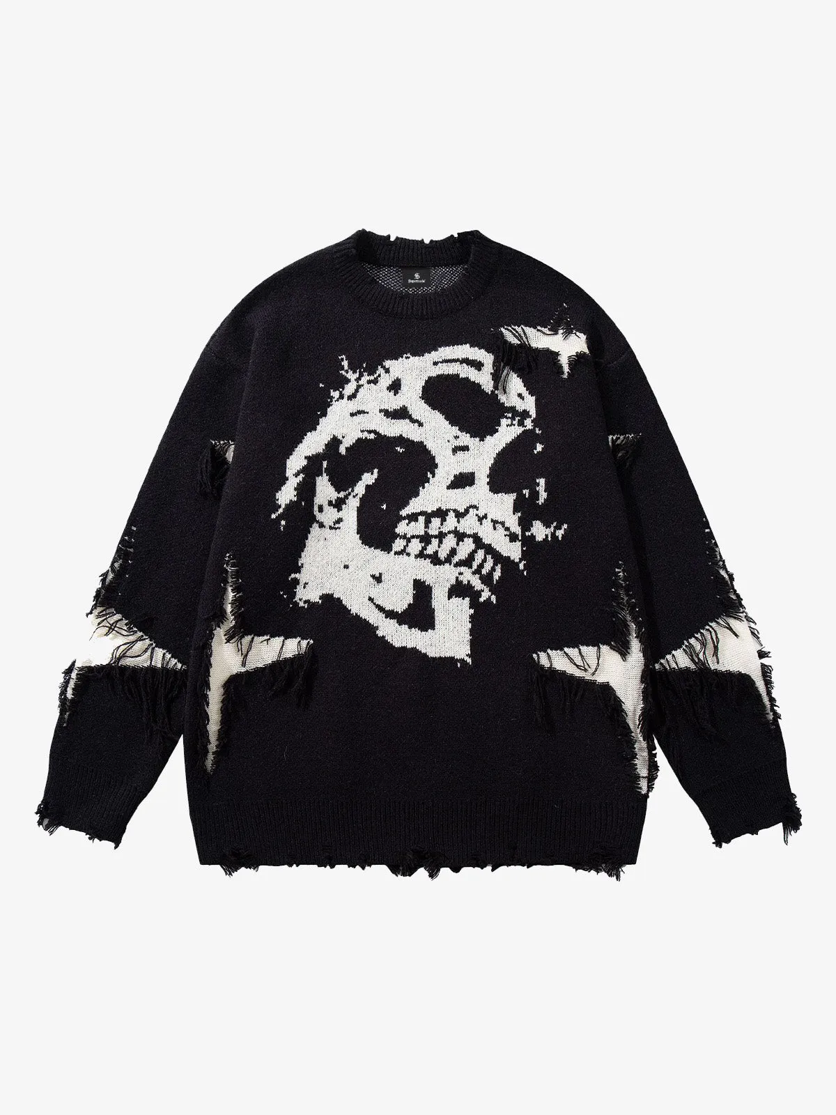 Hip-Hop Dark Skull Frayed-Edge Knit Sweater sold by Thesupermade